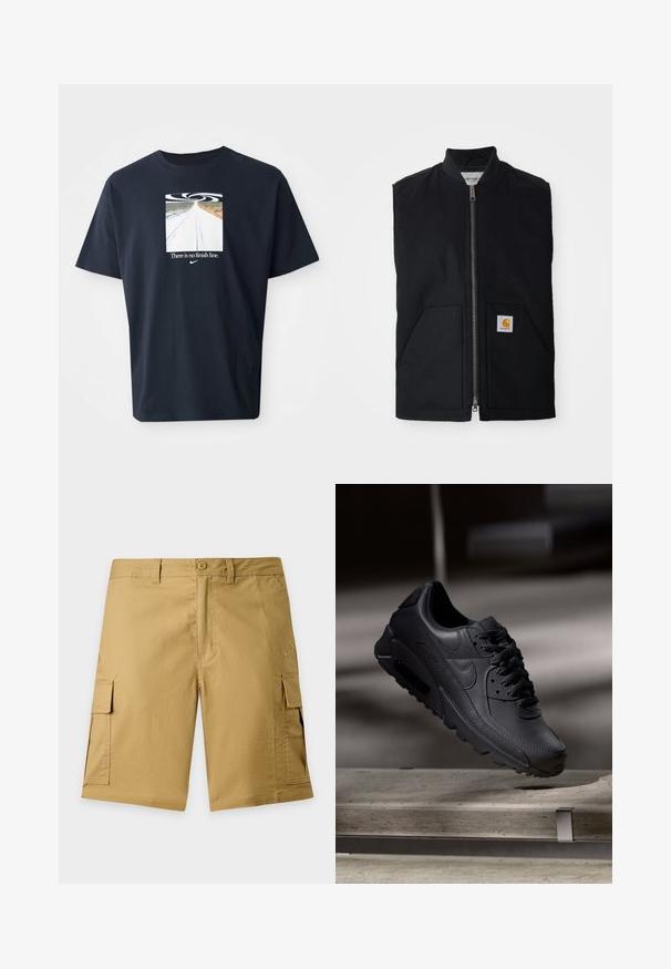 Schwarze ärmellose Weste aus strapazierfähigem Material, mit einem Reißverschluss vorne, zwei Taschen und einem Logopatch an der unteren rechten Tasche.; Navyblaue Baumwoll-T-Shirt mit kurzen Ärmeln, das ein quadratisches Grafikdesign einer Straße und wirbelnden Mustern zeigt, sowie den Text "Es gibt keine Ziellinie" in Weiß.; Khakifarbene Cargo-Shorts mit Knopf vorne, Gürtelschlaufen, seitlichen Klappentaschen und dezentem Markenlogo auf der rechten Beintasche.; Schwarze Nike Air Max Sneaker mit einem strukturierten Leder-Obermaterial, Gummisohle und auffälligem Schnürsystem, das ein schlankes, modernes Design präsentiert.