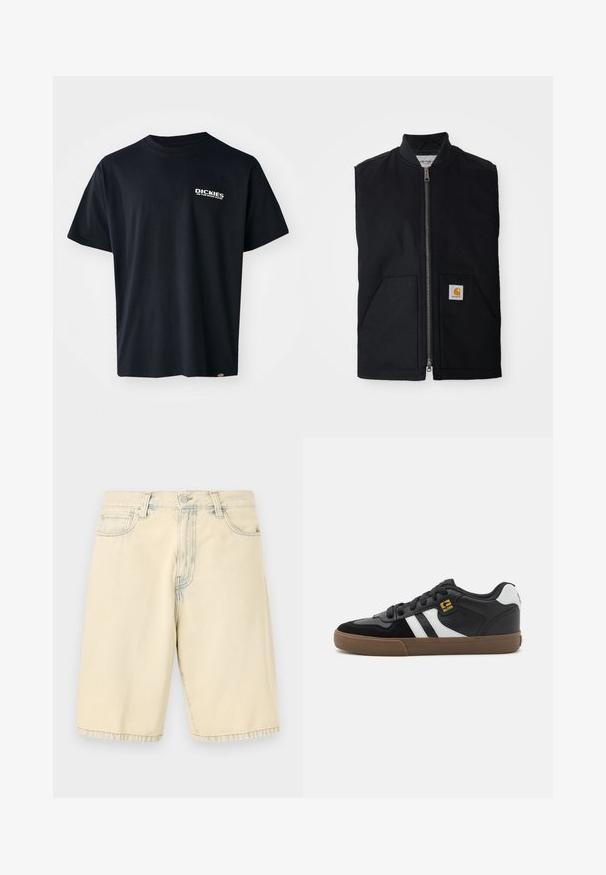Chaleco negro sin mangas hecho de tela duradera, con cremallera frontal, dos bolsillos y un parche de logo en el bolsillo inferior derecho.; Camiseta negra de manga corta hecha de algodón, con un logo gráfico de texto blanco en el lado izquierdo del pecho, corte recto y una etiqueta en el lateral.; Pantalones cortos de mezclilla beige con cierre frontal de botón y cremallera, trabillas para cinturón y dos bolsillos delanteros, mostrados planos sobre un fondo blanco.; Zapatillas en blanco y negro con parte superior de ante y cuero, que presentan franjas blancas, cordones negros y una suela de goma marrón. Acentos de logo dorados.