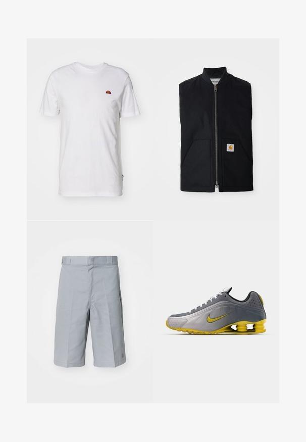 Gilet sans manches noir en tissu durable, avec une fermeture éclair à l'avant, deux poches et un patch logo sur la poche inférieure droite.; T-shirt blanc uni à manches courtes avec un petit logo en demi-cercle rouge et orange sur la partie supérieure gauche de la poitrine.; Shorts gris clair en tissu résistant, dotés d'une coupe droite, d'une taille avec passants de ceinture et de détails de plis subtils.; Nike Sportswear SHOX R4 SE UNISEX - Baskets basses - vast grey/bright citron/light graphite/smoke grey/white/black