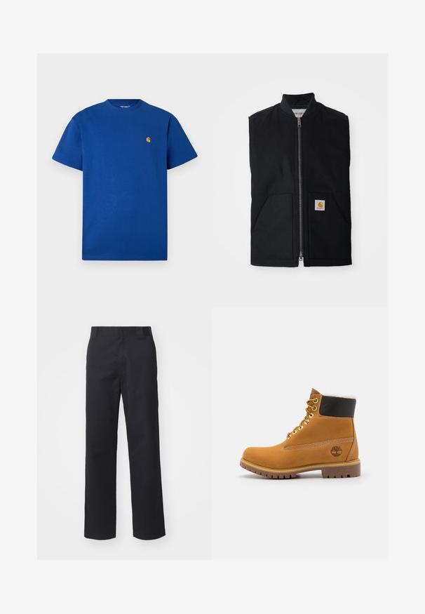 Chaleco negro sin mangas hecho de tela duradera, con cremallera frontal, dos bolsillos y un parche de logo en el bolsillo inferior derecho.; Camiseta de algodón azul con cuello redondo, mangas cortas y un pequeño logo dorado en el pecho. Textura suave y ajuste casual.; Pantalones rectos negros hechos de una mezcla de algodón. Cuentan con una cintura plana con presillas para cinturón y sin hardware o adornos visibles.; Botín de cuero marrón con ojales de metal, forro de piel sintética blanca, cuello acolchado negro, suela resistente y logotipo en relieve en el costado.