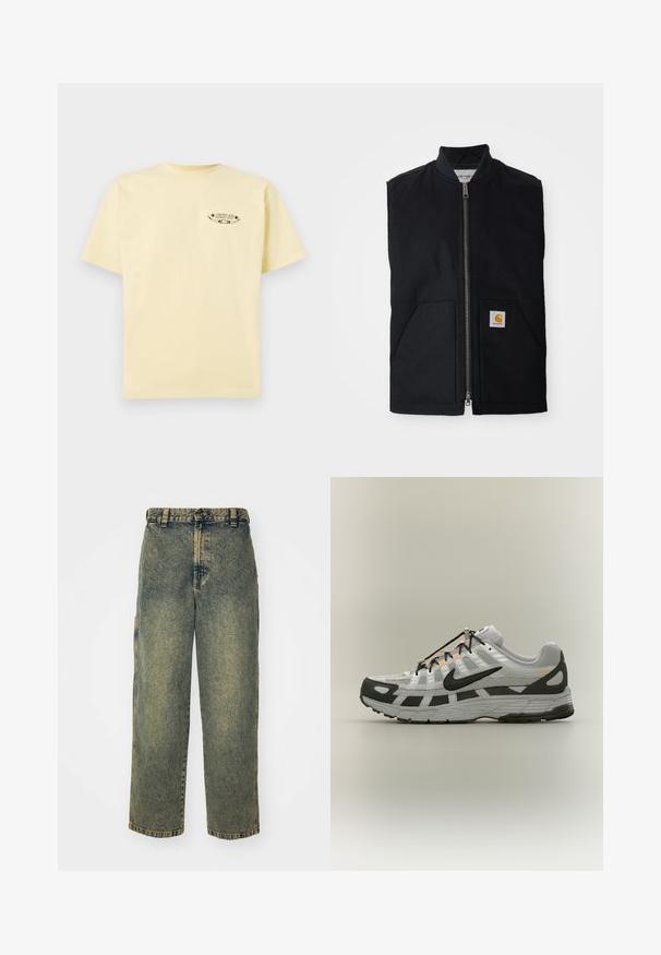 Gilet sans manches noir en tissu durable, avec une fermeture éclair à l'avant, deux poches et un patch logo sur la poche inférieure droite.; T-shirt en coton jaune avec des manches courtes et un col rond, comportant un logo graphique imprimé sur la partie gauche de la poitrine.; Jeans en denim ample avec un délavage bleu et vert. Comprend une fermeture à bouton, des passants de ceinture et des poches latérales. Pas de pli à l'avant et design à jambe droite.; Baskets blanches et grises avec le swoosh Nike noir, lacets noirs et accents orange sur un fond neutre.