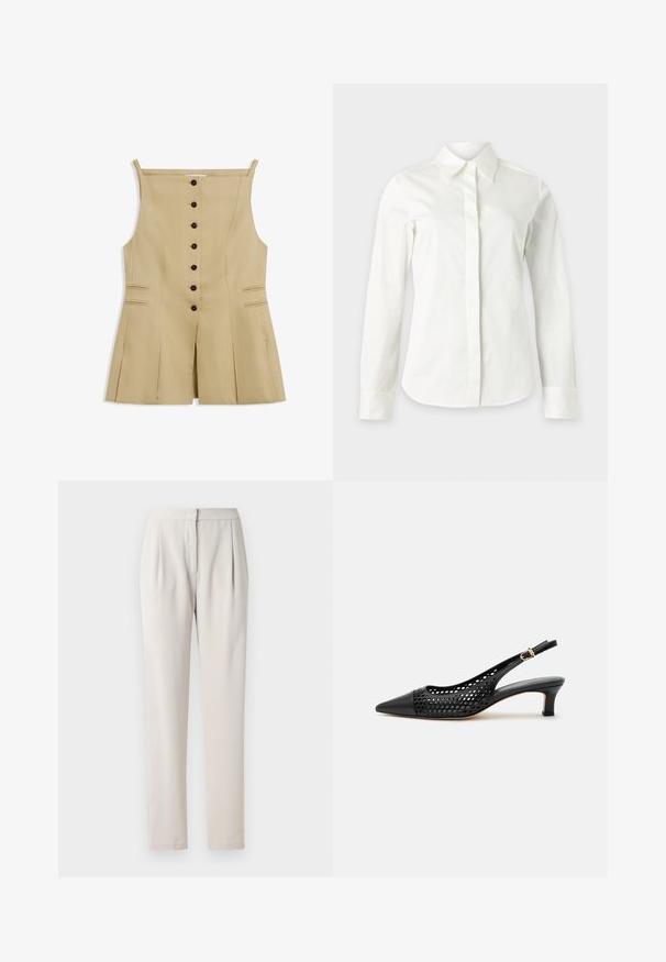 Vestido sin mangas beige con escote cuadrado, cierre frontal con botones, dos bolsillos horizontales de ojal y una abertura central en la parte delantera.; Camisa blanca de manga larga con botones ocultos, cuello puntiagudo y corte entallado en la cintura.; Pantalones tailored beige con una tela suave y mate. Presentan pliegues en la parte delantera y una cintura ajustada, con piernas rectas y slim.; Zapato slingback negro de tacón kitten con puntera puntiaguda y diseño perforado, con una pequeña correa con hebilla dorada.