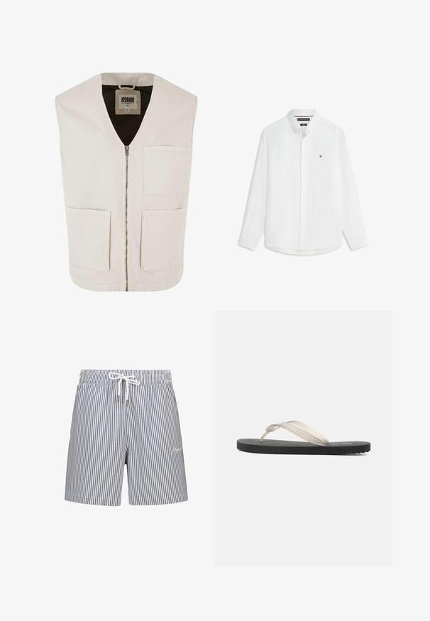 Chaleco sin mangas de color beige claro con escote en V, cierre frontal y dos grandes bolsillos frontales. Fabricado en algodón orgánico con una textura suave.; Camisa blanca de manga larga con botones, cuello, pequeño logo de Tommy Hilfiger en el pecho izquierdo y puños con botones.; Bañador a rayas en azul marino y blanco. Fabricado con una tela ligera, cuenta con una cinturilla elástica, cierre de cordón y bolsillos laterales.; Chancla plana negra con tiras translúcidas beige que llevan la marca Calvin Klein en la tira lateral.
