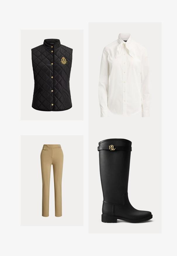 Chaleco negro acolchado sin mangas con cuello alzado, cierre con botones dorados y escudo bordado en oro y rojo en el lado izquierdo del pecho.; Blusa blanca de manga larga con botones delanteros y un cuello con lazo atado sobre un fondo liso.; Pantalones de mujer ajustados en color beige con cintura alta, dos botones en el lado y un pequeño bolsillo con tapeta abotonada cerca de la cintura.; Bota de lluvia negra hasta la rodilla con tacón bajo y hebilla dorada con el logo RLL cerca de la parte superior sobre un fondo claro y liso.