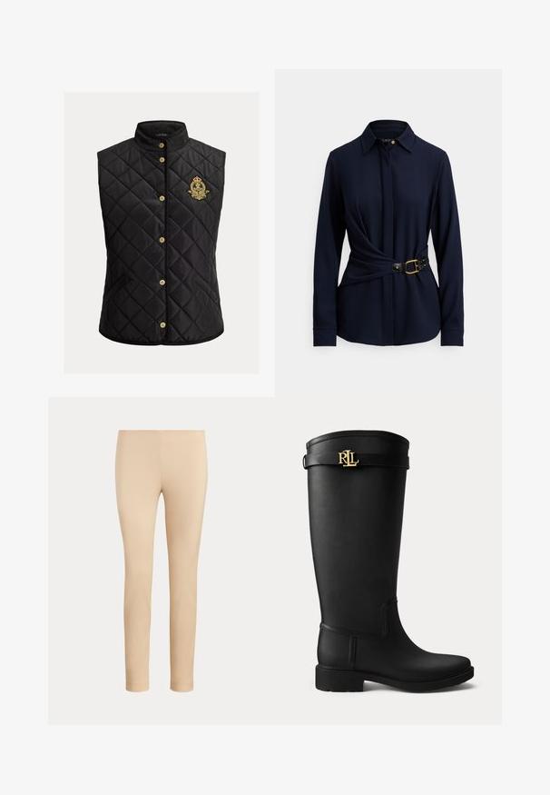 Sort quiltet ærmeløs vest med ståkrave, lukning med guldknapper og broderet guldfarvet og rød skjold på venstre bryst.; Marineblå langærmet skjorte med krave, snoet frontdesign og sort bælte med guldfarvet spænde og nittebesætning. Blød tekstur i stoffet.; Beige slim-fit ankellange bukser med en glat finish og uden synlige lommer eller pynt på en ensfarvet baggrund.; Sort knæhøj gummistøvle med lav hæl og en guldfarvet RLL-logo spænde nær toppen på en ensartet lys baggrund.