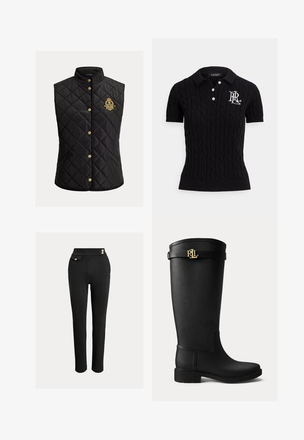 Chaleco negro acolchado sin mangas con cuello alzado, cierre con botones dorados y escudo bordado en oro y rojo en el lado izquierdo del pecho.; Polo de manga corta negro con textura de punto trenzado, tres botones blancos en el cuello y un logo bordado en el pecho izquierdo.; Pantalones negros slim fit de cintura alta, con botones decorativos dorados en la cinturilla y un pequeño bolsillo con solapa en el lado derecho.; Bota de lluvia negra hasta la rodilla con tacón bajo y hebilla dorada con el logo RLL cerca de la parte superior sobre un fondo claro y liso.