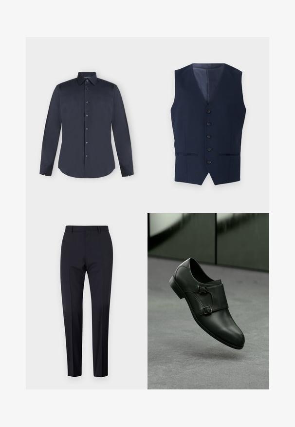 Marineblauwe gilet met een notch-kraag, zes knopen en twee voorzakken. Gemaakt van een gestructureerde stof, met een gladde binnenvoering.; Donkerblauw herenoverhemd met lange mouwen, knoopsluiting, puntkraag en knoopmanchetten op een lichtgrijze achtergrond.; Marineblauwe op maat gemaakte broek, met platte voorkant, slim fit, voorzien van riemlussen en zijzakken. Gladde stof met een frisse afwerking, zonder zichtbare patronen of accenten.; Zwarte leren schoen met een slank ontwerp, voorzien van twee zilveren gespaccenten en een ronde neus, tegen een grijze achtergrond.