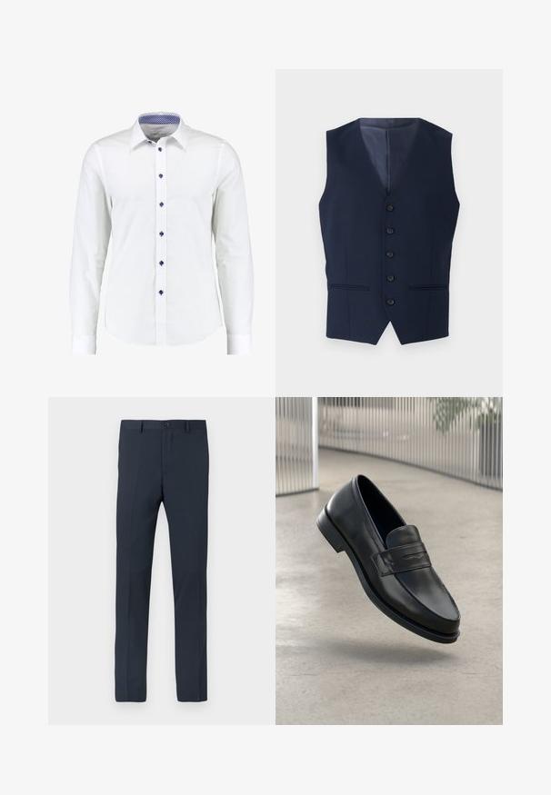 Navy blue vest with a notch collar, six button closure, and two front pockets. Made of textured fabric, featuring a smooth interior lining.; White long-sleeve shirt with a button-down collar, featuring blue accent buttons and a blue checkered pattern inside the collar.; Navy trousers made from smooth fabric, featuring a slim fit, belt loops, a front button closure, and two side pockets.; Black leather loafer with smooth texture, pointed toe, and a decorative strap across the instep. Lightweight sole, minimal design.