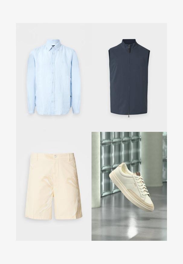Veste sans manches bleu marine en tissu lisse, dotée d'un col montant, d'une fermeture éclair frontale et de poches latérales pour plus de commodité.; Chemise bleu clair à manches longues avec boutons et col pointu, fabriquée dans un tissu légèrement texturé.; Shorts en coton de couleur jaune pâle avec un motif floral. Dotés d'une fermeture à bouton, de poches avant et d'une coupe droite avec des bords ourlés.; Sneaker blanc à tige basse avec des accents beiges et des lacets, de la marque « BOSS », flottant au-dessus d’un sol poli avec un mur en blocs de verre en arrière-plan.