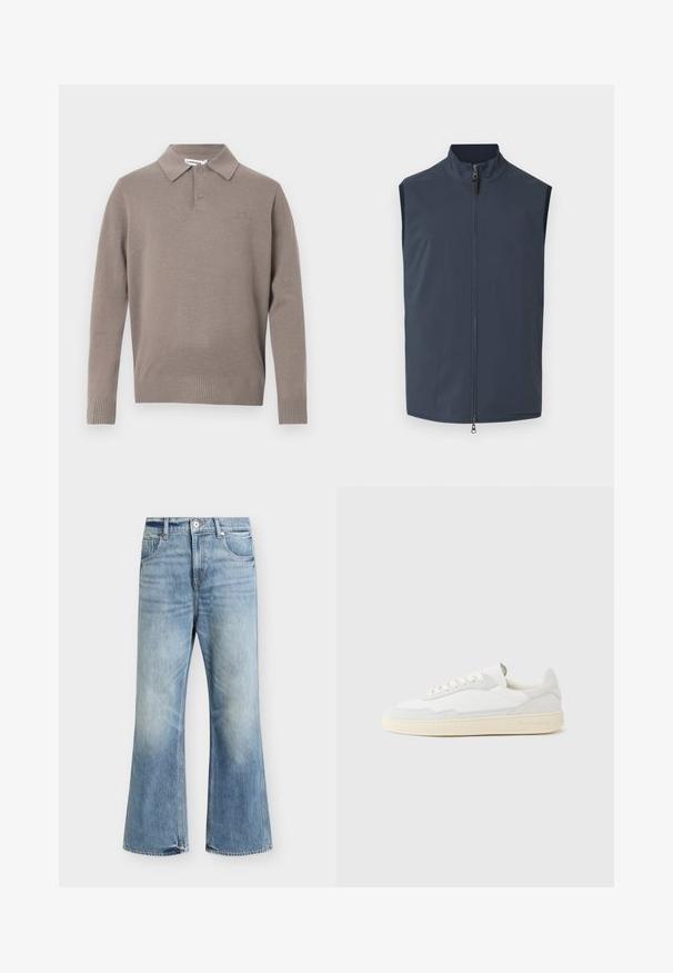 Veste sans manches bleu marine en tissu lisse, dotée d'un col montant, d'une fermeture éclair frontale et de poches latérales pour plus de commodité.; Pull polo gris en tricot avec col, deux boutons et poignets et ourlet côtelés, arborant un logo subtil sur la poitrine.; Jean bleu clair taille haute jambe large, fermeture devant par bouton et zip, deux poches avant et délavage subtil sur les cuisses et les genoux.; Baskets blanches avec dessus en daim et cuir texturé. Caractérisées par un bout arrondi, une fermeture à lacets et une semelle en caoutchouc beige contrastante.