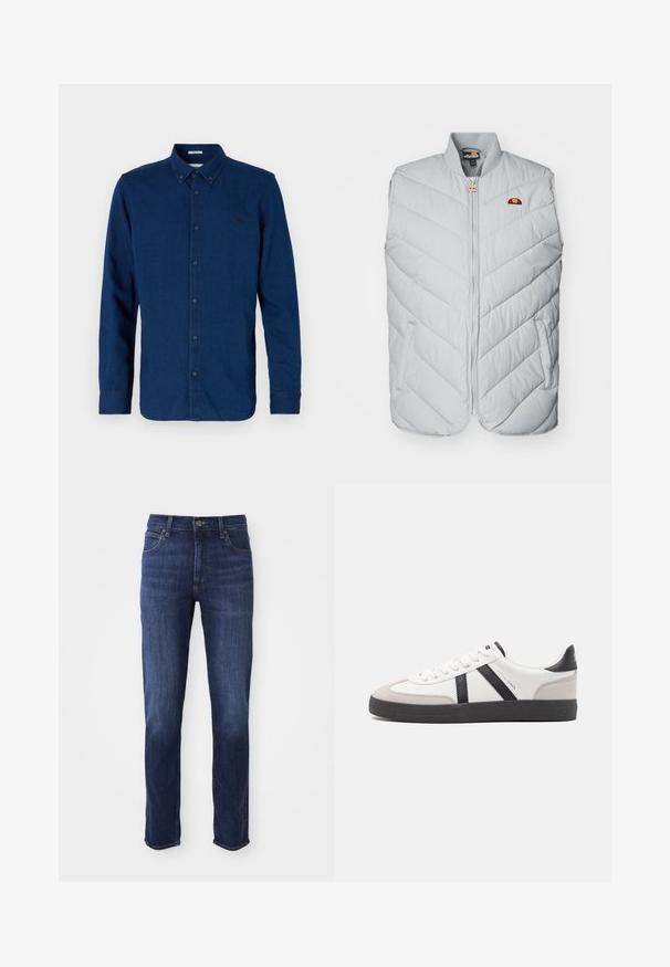 Veste rembourrée gris clair avec un motif en chevrons, fermeture éclair sur le devant et poches latérales. Présente un petit logo brodé près de l'encolure.; Chemise bleu foncé à manches longues avec boutons, col à boutonnière et logo brodé discret sur la poitrine gauche.; Jean en denim bleu foncé avec une coupe droite, comprenant un design classique à cinq poches et un fermoir à bouton en métal. Détails de décoloration subtils sur le tissu.; Baskets blanches avec des accents noirs et gris, présentant un embout texturé gris, une semelle en caoutchouc noir et des lacets plats blancs. Design épuré, style minimaliste.