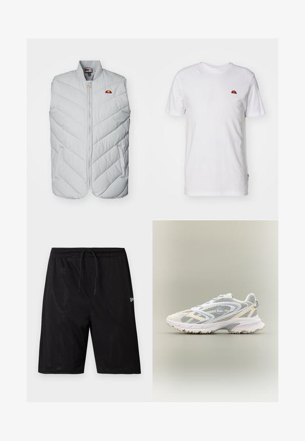 Lichtgrijs gewatteerd vest met een chevronpatroon, een rits aan de voorkant en zijzakken. Bevat een klein geborduurd logo nabij de halslijn.; Eenvoudig wit T-shirt met korte mouwen met een klein rood-oranje halve cirkel logo op het bovenste linkerborstgedeelte.; Zwarte mesh sportshorts met een trekkoord in de taille, voorzien van een geperforeerde textuur en een klein wit logo aan de onderzijde rechts.; Witte sportschoen met grijze netpanelen, gestructureerde overlays, een gepolsterde kraag en een rubberen zool met kleine tractiespitten.