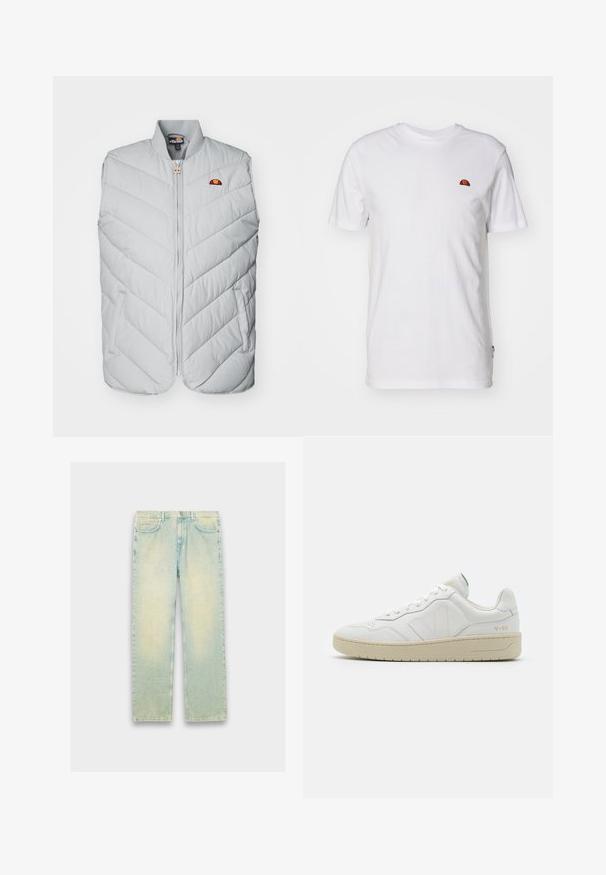 Lysegrå polstret vest med et chevronmønster, lynlås foran og sidelommer. Har et lille broderet logo nær halsudskæringen.; Enkelt hvid t-shirt med korte ærmer med et lille rødt og orange halvcirkel-logo på øverste venstre brystområde.; Lyseblå denimjeans med løs pasform, fem lommer, lynlås og en slidt finish langs lår og knæ.; Hvide lædersneakers med struktureret overflade og polstret krave. Har en beige gummisål og diskret branding på hælen og siden.