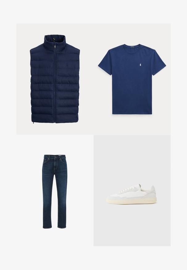 Mørkeblå quiltet vest uden ærmer med foran lynlås og høj krave, med diskret broderet logo på brystet.; Marineblå t-shirt med korte ærmer og rund hals, med et lille hvidt Polo Ralph Lauren-logo på venstre bryst.; WE Fashion BLUE RIDGE - Jeans Straight Leg - dark blue; Hvid sneakers med en øvre del i tekstureret ruskind og læder. Har rundet tå, snørelukning og kontrasterende beige gummisål.