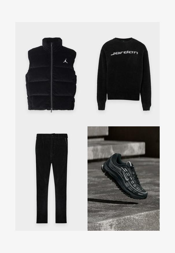 Chaleco puffer de pana negra con un alto cuello, cierre frontal con cremallera y el logotipo de Jordan en blanco en el pecho, que presenta un diseño acolchado.; Suéter negro y peludo con cuello redondo y puños acanalados. Presenta un logo gris de "Jordan" en la parte frontal. Textura suave y ajuste relajado.; Pantalones de pana negra con estrías verticales, que cuentan con cierre clásico de botón y cremallera, bolsillos laterales y piernas de corte recto.; Zapatilla Nike Air Max negra y gris flotando sobre escalones de hormigón gris con fondo de suelo texturizado.