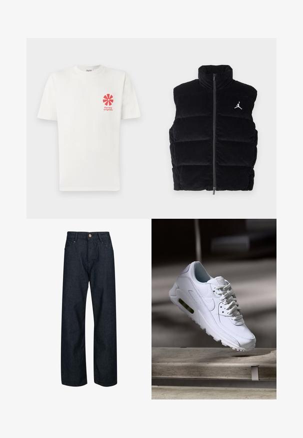 Schwarze Cord-Pufferweste mit hohem Kragen, Reißverschluss und weißem Jordan-Logo auf der Brust, ausgestattet mit einem gesteppten Design.; Weißes Baumwoll-T-Shirt mit einem roten grafischen Blumenmuster auf der linken Brust und dem Text "the new originals" darunter. Kurze Ärmel, Rundhalsausschnitt.; Dunkelblaue Jeans aus Denim mit geradem Schnitt, Knopfverschluss, fünf Taschen und kontrastierenden Nähten.; Weiße Lederturnschuhe mit strukturierten Oberflächen, gepolstertem Kragen und sichtbarer Luftpolsterung in der Sohle. Verfügt über Schnürsenkel und ein minimalistisches Design.