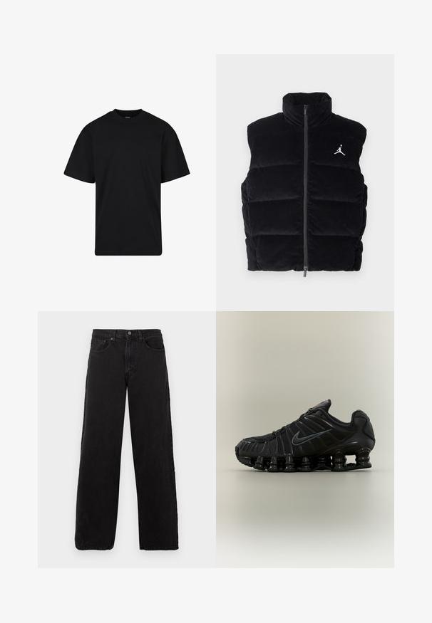 Sort kordfløjl puffer vest med høj krave, lynlås frontlukning, og hvid Jordan-logo på brystet, med et quiltet design.; Sort T-shirt med korte ærmer og rund hals, afslappet pasform, ensfarvet design uden synlige logoer eller mønstre.; Sorte denimjeans med lige ben, fem lommer og knaplukning. Teksturstof og minimalistisk æstetik.; Sort Nike løbesko med fjedrende opdelt sål, mesh-øverdel og matchende sort swoosh-logo på siden.