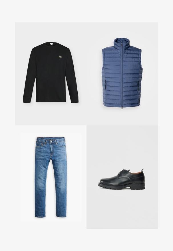 Navyblauwe gewatteerde vest met hoge kraag, volledige ritssluiting en twee zijzakken. Kenmerken zijn horizontale stiksels en een lichte, gladde textuur.; Zwart shirt met lange mouwen en ronde hals met klein groen krokodillogo op de linkerborst, afgebeeld tegen een effen lichte achtergrond.; Lichtblauwe denim jeans met een rechte pijp, vijf zakken en een klassieke knopen- en ritsluiting. Subtiele versleten textuur.; Zwarte leren derby schoenen met een gladde textuur, ronde neus, vetersluiting en een dikke, robuuste rubberen zool.