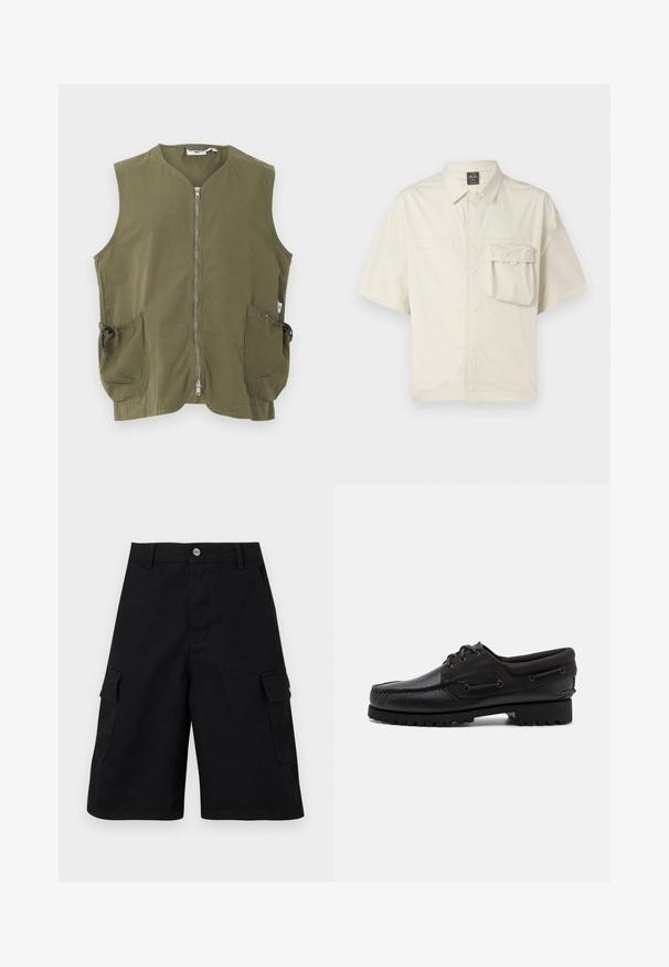 Veste sans manches vert olive avec fermeture éclair frontale et deux grandes poches avant avec cordons réglables.; Chemise à manches courtes en beige clair, avec une poche poitrine, texture lisse et un design de col classique.; Shorts cargo noirs en tissu durable. Comprend deux poches latérales, une fermeture éclair et une taille simple avec un bouton en métal.; Chaussure noire avec un dessus en cuir, des accents textiles, des lacets ronds et une semelle en caoutchouc texturé. Présente des coutures mocassins et des détails de marque.