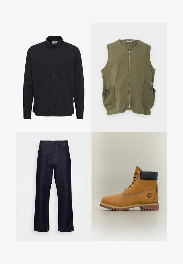 Veste sans manches vert olive avec fermeture éclair frontale et deux grandes poches avant avec cordons réglables.; Chemise noire à manches longues avec col et poignets, comportant sept boutons visibles le long de la patte de boutonnage avant.; Jean en denim droit bleu foncé avec poches avant, passants de ceinture, braguette zippée et fermeture à bouton, présenté sur un fond blanc uni.; Bottine en cuir marron avec col noir, lacets jaunes et semelle beige. Présente un logo et des détails de couture blanche. Semelle extérieure à traction robuste.