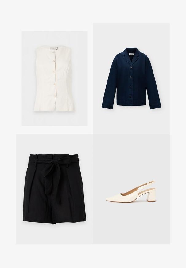 Blouse blanche sans manches avec boutons, encolure ronde et détails ajustés à la taille, étiquetée "Anna Field."; Veste bleu marine boutonnée, manches longues et col cranté, présentée à plat sur un fond clair.; Shorts noirs taille haute avec une ceinture en tissu nouée en un nœud à l'avant et des poches latérales, présentés sur un fond blanc.; Escarpin slingback en cuir verni crème brillant, avec un bout pointu et un talon carré épais pour la stabilité. Design minimaliste, sans ornements.