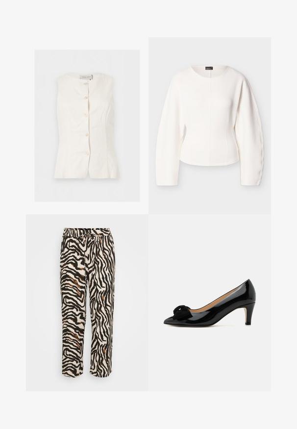 Blouse blanche sans manches avec boutons, encolure ronde et détails ajustés à la taille, étiquetée "Anna Field."; Haut blanc court avec manches longues structurées. Texture lisse, encolure ronde et détail de couture centrale. Design minimaliste, sans attaches visibles.; Pantalons à cordon de serrage en tissu léger, présentant un motif zèbre noir et blanc avec des accents marron. Coupe décontractée et longueur crop.; Escarpin en cuir verni noir à talon moyen, bout pointu et nœud en tissu noir à l'avant.
