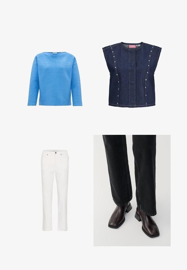 Ärmellose dunkelblaue Jeansweste mit rundem Ausschnitt, verdeckten vorderen Knöpfen, vertikalen Nahtdetails und kleinen silbernen Nieten entlang der Seitenpaneele.; Blaues Langarmoberteil mit einem strukturierten Rippenmuster. Verfügt über einen runden Halsausschnitt und eine lässige Passform, hergestellt aus einem weichen Stoff.; Weiße, gerade geschnittene Jeans aus Denim mit vorderer Knopf- und Reißverschluss, Gürtelschlaufen und Fünf-Taschen-Design, auf einfarbigem Hintergrund dargestellt.; Braune Lederstiefeletten mit quadratischer Spitze und Blockabsatz, kombiniert mit schwarzen weit geschnittenen Jeans. Glatte Textur und minimalistisches Design.