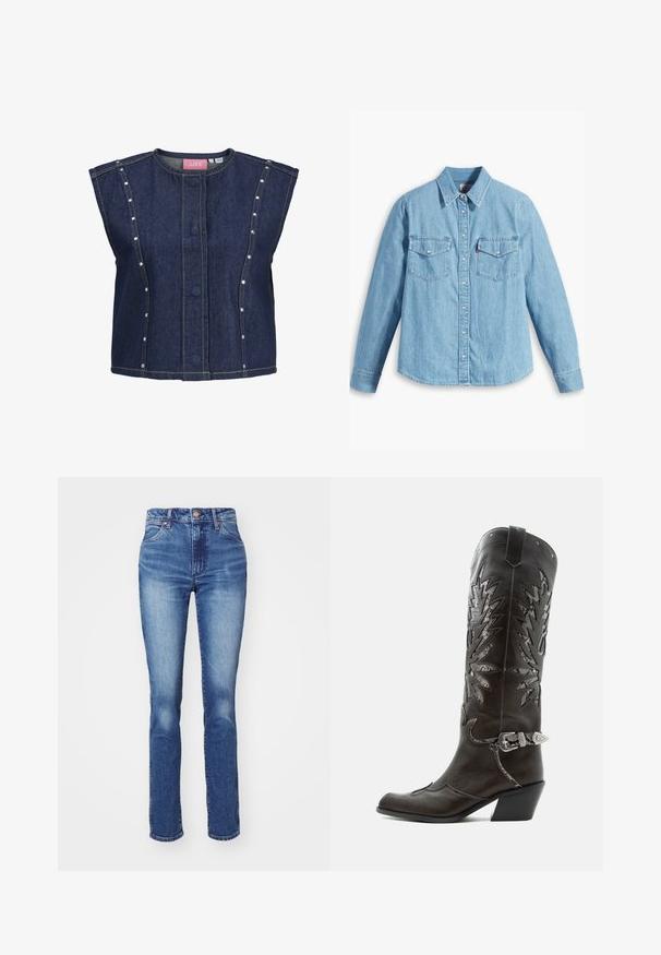 Mouwloos donkerblauw denimvest met ronde halslijn, verborgen knopen aan de voorkant, verticale naaddetails en kleine zilveren studs langs de zijpanelen.; Lichtblauwe spijker blouse met lange mouwen, puntige kraag, twee borstzakken, knoopsluiting en subtiele textuur. Geen zichtbare patronen.; Blauwe denim jeans met een rechte pasvorm, hoge taille en subtiele vervaging. Beschikt over een knoopsluiting en een klassieke vijf-pocket stijl. Textuur is soepel.; Zwarte leren cowboylaars met decoratieve uitsnijdingen, zilveren gesp en schuine hak, weergegeven op een witte achtergrond.