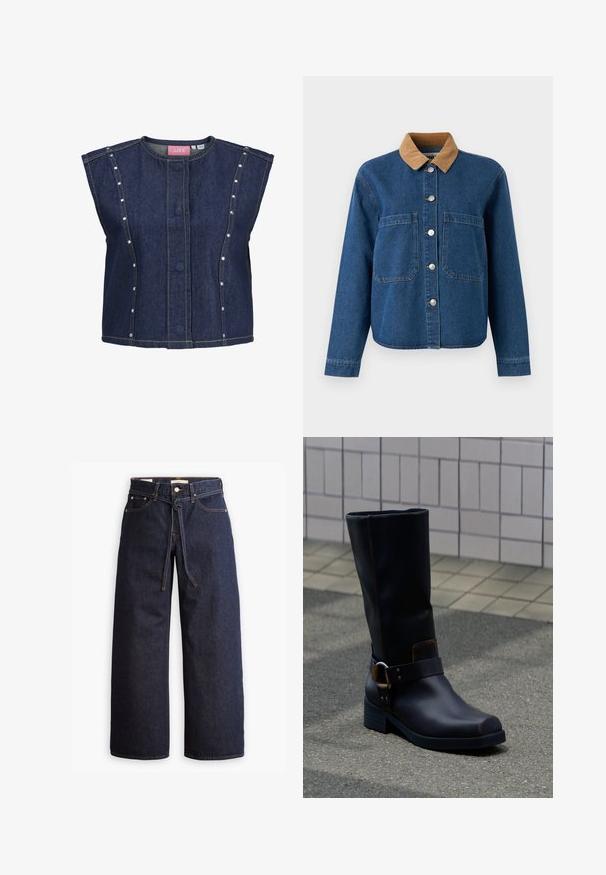 Mouwloos donkerblauw denimvest met ronde halslijn, verborgen knopen aan de voorkant, verticale naaddetails en kleine zilveren studs langs de zijpanelen.; Denim jas met een bruine corduroy kraag, sluiting met knopen aan de voorkant, twee grote borstzakken en een relaxed fit. Blauwe stof met een subtiele textuur.; Wijd pijpjes donkerblauwe denim jeans met een hoge taille, voorzien van een trekkoord, vijf zakken en contrasterende stiksels.; Zwarte leren laars tot halverwege de kuit met een lage hak en een decoratief riempje met metalen gesp, staand op een grijs bestraatte ondergrond nabij een betegelde muur.