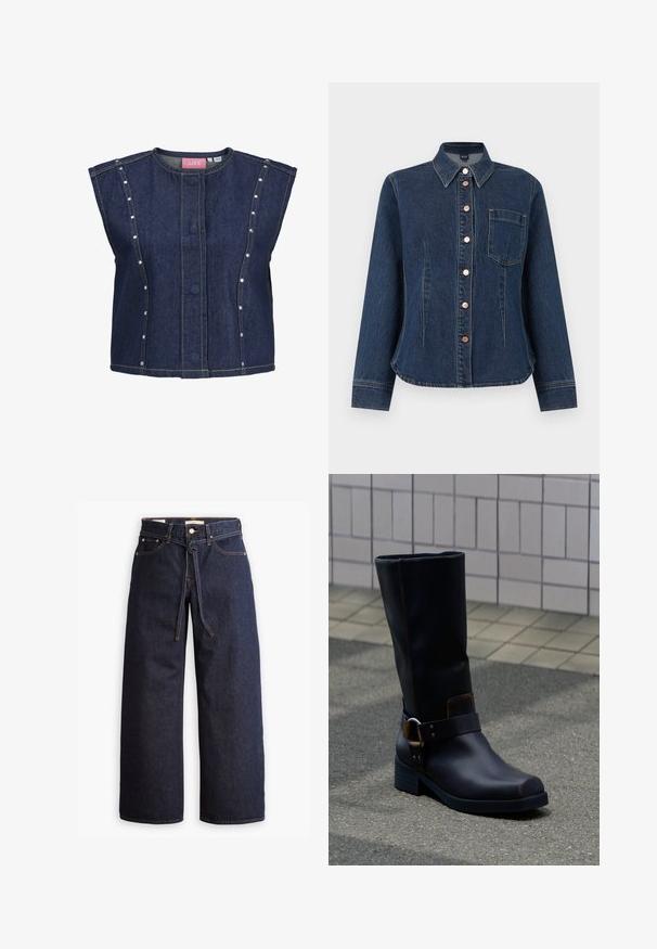 Mouwloos donkerblauw denimvest met ronde halslijn, verborgen knopen aan de voorkant, verticale naaddetails en kleine zilveren studs langs de zijpanelen.; Donkerblauw denim overhemd met knopen, lange mouwen, kraag en enkele borstzak, aansluitende pasvorm, koperen knopen aan de voorkant.; Wijd pijpjes donkerblauwe denim jeans met een hoge taille, voorzien van een trekkoord, vijf zakken en contrasterende stiksels.; Zwarte leren laars tot halverwege de kuit met een lage hak en een decoratief riempje met metalen gesp, staand op een grijs bestraatte ondergrond nabij een betegelde muur.