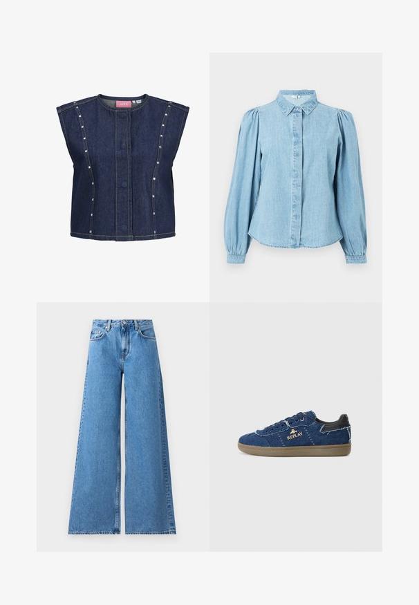 Gilet sans manches en denim bleu foncé avec encolure ronde, boutons dissimulés à l'avant, détails de coutures verticales et petits clous argentés le long des panneaux latéraux.; Chemise en denim bleu clair avec un col pointu, une patte de boutonnage à l'avant et des manches longues bouffantes. Texture lisse avec un ourlet arrondi.; Jean en denim bleu à jambes larges avec taille haute, présentant un design classique à cinq poches et des coutures sur les côtés pour un détail supplémentaire.; Replay PYPER - Baskets basses - blue