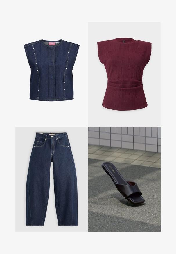 Mouwloos donkerblauw denimvest met ronde halslijn, verborgen knopen aan de voorkant, verticale naaddetails en kleine zilveren studs langs de zijpanelen.; Mouwloze bordeauxrode, gestructureerde gebreide top met gevoerde schouders en een geplooid taille-detail op een effen lichte achtergrond.; Donkerblauwe denim jeans met een losse fit, lichte stiksels, vijf zakken en een knoopsluiting op de taille.; Donkerbruine open-toe slidesandaal met vierkante neus en brede band, rustend op grijs asfalt nabij betegeld voetpad.