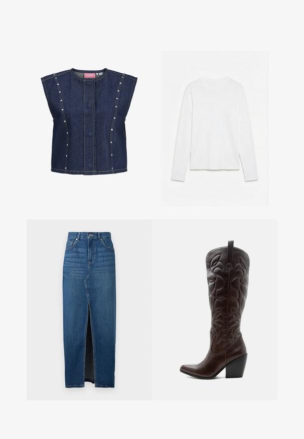 Mouwloos donkerblauw denimvest met ronde halslijn, verborgen knopen aan de voorkant, verticale naaddetails en kleine zilveren studs langs de zijpanelen.; Effen wit, langarmig shirt met ronde hals, plat neerligt op een witte ondergrond, waarbij de voorkant en de volledige mouwlengte zichtbaar zijn.; Donkerblauwe denim rok met een voorkantinsnijding, hoge taille en vijf-pocket ontwerp. Gemaakt van stevig denim materiaal met zichtbare stiksels.; Lange donkerbruine leren cowboylaars met gestikte decoratieve patronen, spitse neus en gestapelde blokhak.