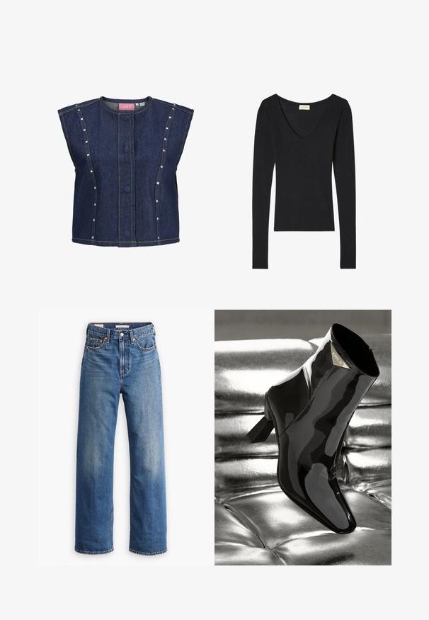 Gilet sans manches en denim bleu foncé avec encolure ronde, boutons dissimulés à l'avant, détails de coutures verticales et petits clous argentés le long des panneaux latéraux.; Top noir à manches longues avec un décolleté en V profond, fabriqué en tissu doux. Caractéristiques des manches ajustées et un ourlet droit à la taille.; Jean en denim bleu clair avec une taille haute, une coupe à jambes larges, un style classique à cinq poches et un léger délavage sur le tissu.; Botte de cheville en cuir verni noir avec un bout pointu et un talon carré. Équipée d'une plaque logo dorée et d'une finition lisse et brillante.