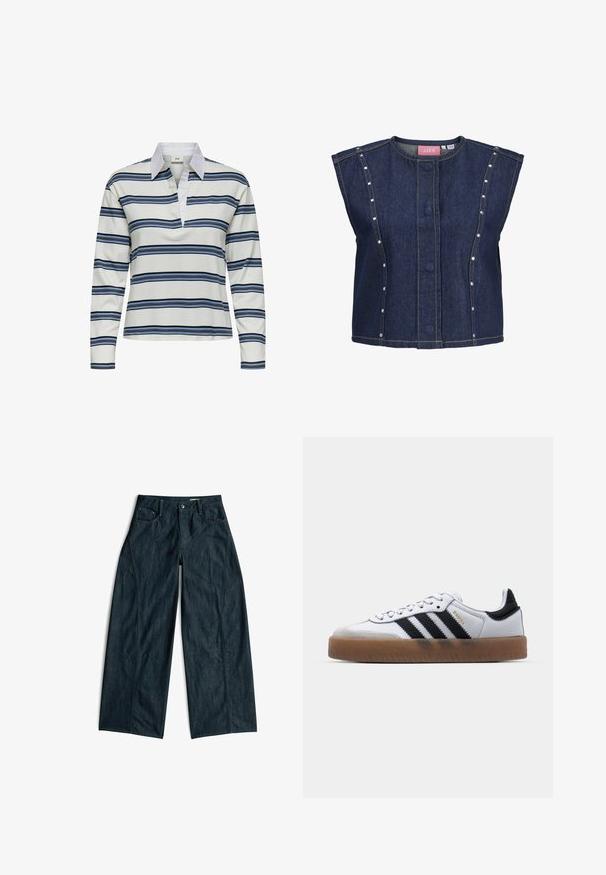 Mouwloos donkerblauw denimvest met ronde halslijn, verborgen knopen aan de voorkant, verticale naaddetails en kleine zilveren studs langs de zijpanelen.; Poloshirt met lange mouwen, witte basis met marineblauwe en lichtblauwe horizontale strepen. Opvallende witte kraag en zachte katoenen textuur.; Donkerblauwe wijde spijkerbroek met voorzakken en riemlussen, plat neergelegd op een witte achtergrond.; Witte leren sneakers met zwarte strepen, gumrubberen buitenzool, ronde neus, vetersluiting en een zachte grijze suède neuskap.