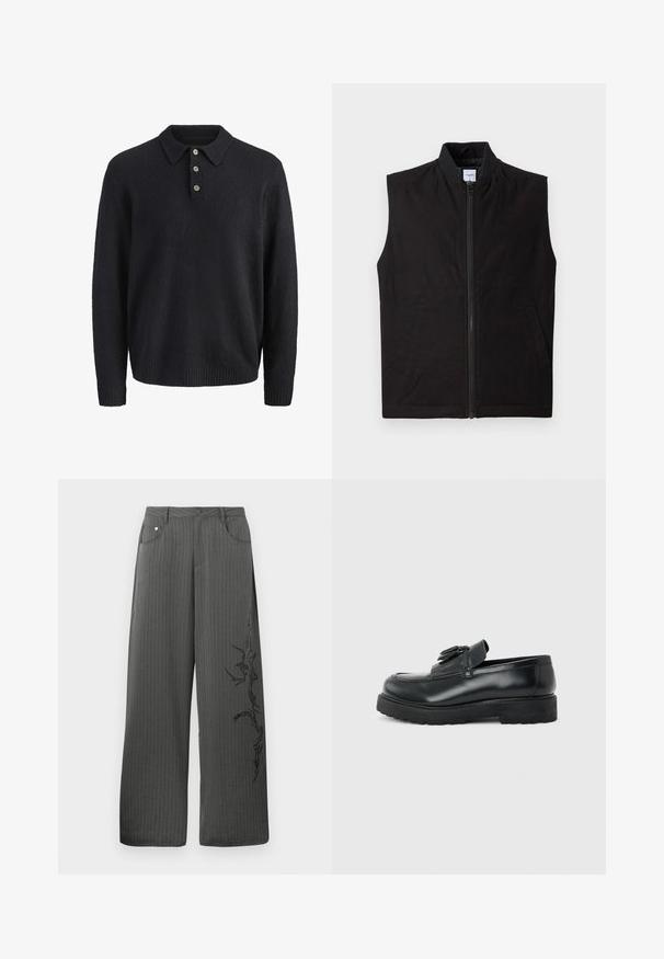 Sort ærmeløs vest lavet af tekstureret stof, med en frontlynlås, høj krave og to sidelommer. Enkel og funktionel design.; Mørkeblå langærmet strikket sweater med krave og tre knapper ned foran.; Bredbenede, mørkegrå stofbukser med striber, som har forlommer og et sort dekorativt print på venstre side.; Sort læderloafer med kvaster, tyk gummisål og lav hæl, vist i sideprofil på en ensfarvet baggrund.