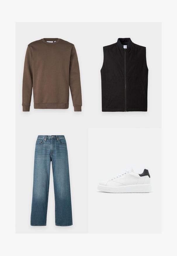Sort ærmeløs vest lavet af tekstureret stof, med en frontlynlås, høj krave og to sidelommer. Enkel og funktionel design.; Only & Sons ONSCERES - Sweatshirt - major brown; Bredde ben mørkeblå denim jeans med knaplukning, bæltestropper og en falmet struktur. Har fem lommer og kontrastsyninger.; Hvide lædersneakers med en sort hælflap, flade snørebånd, struktureret mellemsål og branding på ydersiden. Designet til afslappet brug.
