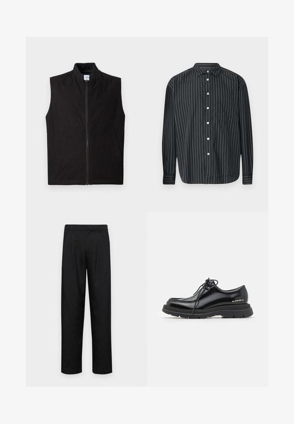Gilet sans manches noir en tissu texturé, doté d'une fermeture éclair sur le devant, d'un col haut et de deux poches latérales. Design simple et fonctionnel.; Chemise noire à manches longues avec des rayures verticales blanches fines, une poche poitrine unique, un tissu lisse et un col classique.; Pantalons noirs en tissu lisse, avec une coupe droite, deux plis avant et une taille standard avec passants de ceinture.; Chaussure habillée en cuir noir avec un bout arrondi, semelle en caoutchouc épaisse, design lacé et couture distinctive le long du bord.