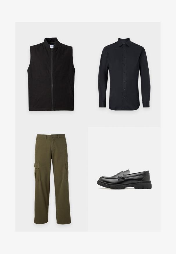 Sort ærmeløs vest lavet af tekstureret stof, med en frontlynlås, høj krave og to sidelommer. Enkel og funktionel design.; Sort langærmet skjorte lavet af glat stof, med klassisk krave, frontknaplukning og knapmansjetter.; Olivengrønne cargo-bukser med lige ben-design, der har sidelommer, knaplukning og et holdbart stof.; Sort læder loafersko med en bred rem over forfoden, gummisål med tykke mønstre og glat overflade. Klassisk, slankt design.