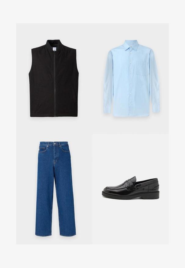 Schwarze ärmellose Weste aus strukturiertem Stoff, mit einem frontalen Reißverschluss, hohem Kragen und zwei Seitentaschen. Einfaches und funktionales Design.; Helleblaues Langarmshirt mit Button-Down-Kragen und einer einzelnen Brusttasche, vor einem neutralen Hintergrund präsentiert.; Weite blaue Jeans aus Denim mit hoher Taille, Fünf-Taschen-Design und Kontrastnähten entlang der Nähte und Taschen.; Schwarze Lederloafers mit glatter Oberfläche, abgerundetem Zehenbereich, niedrigem Absatz und dekorativer Naht entlang der Vorderseite. Gummisohle für guten Halt.
