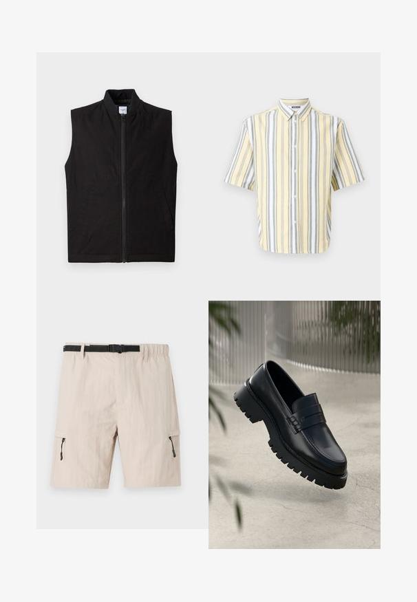 Chaleco negro sin mangas hecho de tela texturizada, con cremallera frontal, cuello alto y dos bolsillos laterales. Diseño simple y funcional.; Camisa de manga corta en amarillo con rayas verticales grises y blancas, que presenta un cuello tipo camisa con botones y cierre frontal con botones.; Bermudas cargo beige con cinturilla elástica, cinturón negro ajustable y bolsillos laterales con cremallera. Hechas de una tela ligera con una textura sutil.; Mocasines de cuero negro con suela gruesa, que presentan una correa decorativa y detalles de costura. Textura suave con un acabado pulido.
