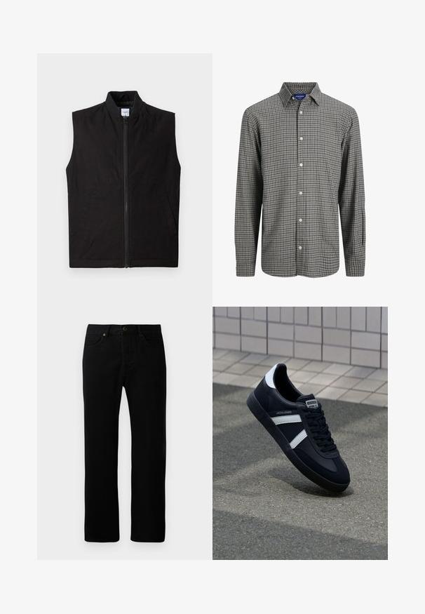 Schwarze ärmellose Weste aus strukturiertem Stoff, mit einem frontalen Reißverschluss, hohem Kragen und zwei Seitentaschen. Einfaches und funktionales Design.; Kariertes Hemd in Schwarz und Weiß mit einem spitzen Kragen, langen Ärmeln und geradem Saum.; Schwarze Jeans aus Denim mit geradem Bein, Fünf-Taschen-Design, vorn mit Knopfverschluss und dezenten Nähdetails.; Schwarze Leder-Sneaker mit weißen Streifen, strukturiertem Gummisohle und Schnürung. Verfügt über ein Markenetikett auf der Zunge.