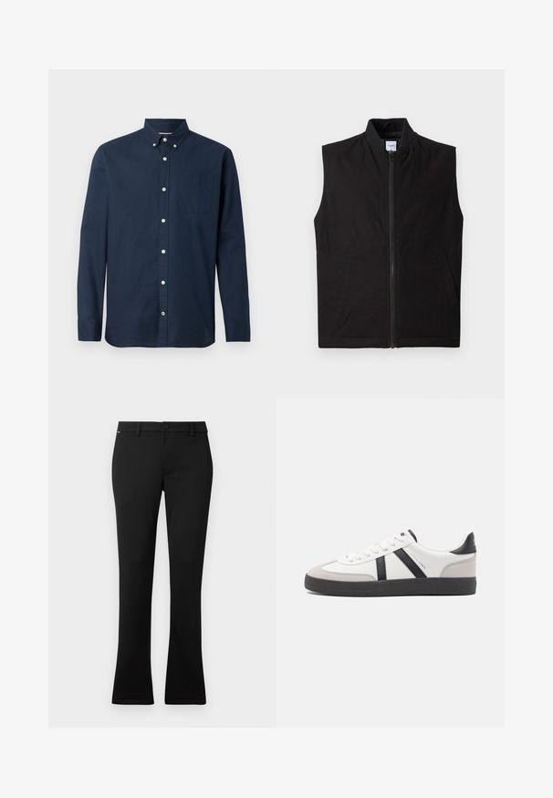 Chaleco negro sin mangas hecho de tela texturizada, con cremallera frontal, cuello alto y dos bolsillos laterales. Diseño simple y funcional.; Camisa de manga larga de color azul marino hecha de una tela ligera, con cuello de camisa, bolsillo frontal y botones blancos. Textura suave.; Pantalones negros de tela suave, con un corte recto y ligera campana en el dobladillo, cierre delantero con botón y presillas para cinturón.; Zapatilla blanca con acentos en negro y gris, que presenta una puntera texturizada en gris, suela de goma negra y cordones planos blancos. Diseño limpio, estilo minimalista.