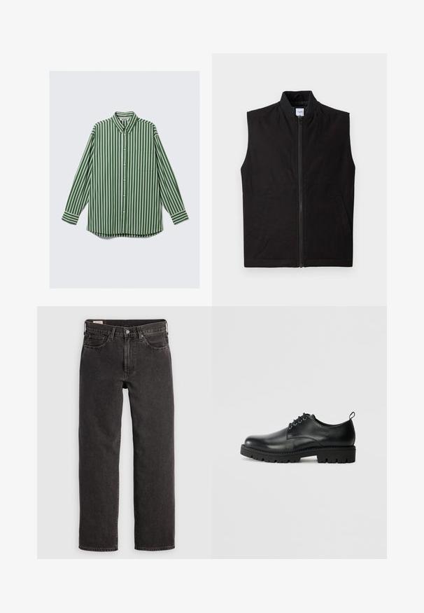 Sort ærmeløs vest lavet af tekstureret stof, med en frontlynlås, høj krave og to sidelommer. Enkel og funktionel design.; Herre langærmet skjorte med knapper i lodrett grønne, hvide og brune striber, en forreste brystlomme og en krave, der kan knappes.; Sorte denim jeans med lige ben, fem lommer og metalbeslag. Stoffet har en let struktur og en ensfarvet finish.; Sort læder sko med en rund tå, der har snørelukning, solid sort gummisål og en lille hælflap bagpå.
