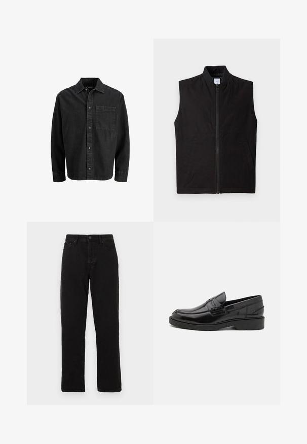 Gilet sans manches noir en tissu texturé, doté d'une fermeture éclair sur le devant, d'un col haut et de deux poches latérales. Design simple et fonctionnel.; Veste en denim noir avec une coupe droite, fermeture à boutons, col pointu et une poche poitrine unique. Présente un tissu texturé et des coutures visibles.; Jeans en denim noir avec une coupe droite, dotés d'une fermeture à bouton, de passants de ceinture et d'un style à cinq poches classique.; Mocassins en cuir noir avec une finition lisse, un bout rond, un petit talon et descoutures décoratives à l'avant. Semelle en caoutchouc pour l'adhérence.