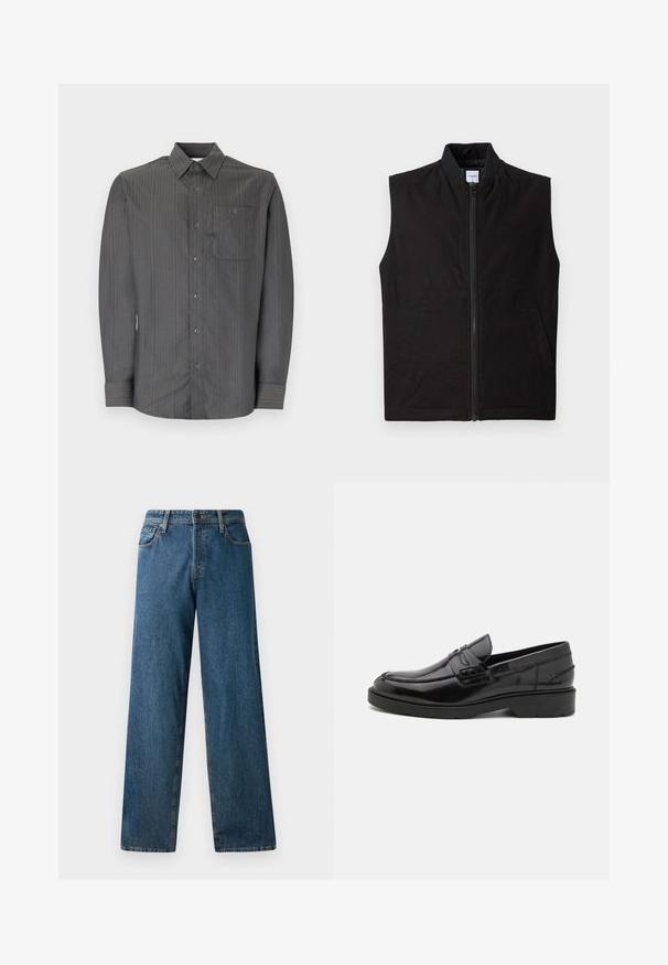 Schwarze ärmellose Weste aus strukturiertem Stoff, mit einem frontalen Reißverschluss, hohem Kragen und zwei Seitentaschen. Einfaches und funktionales Design.; Grau gestreiftes Langarmhemd mit Button-Down-Kragen und Brusttasche, ausgestattet mit kleinen Knöpfen und einem strukturierten Stoff.; Dunkelblaue Jeans aus Denim mit einem lässigen Schnitt, geraden Beinen, fünf Taschen und kontrastierenden Nähten. Verfügt über einen Frontknopf und einen Reißverschluss.; Schwarze Lederloafers mit glatter Oberfläche, abgerundetem Zehenbereich, niedrigem Absatz und dekorativer Naht entlang der Vorderseite. Gummisohle für guten Halt.