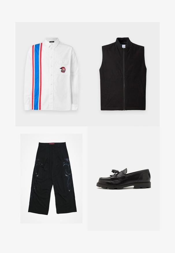 Sort ærmeløs vest lavet af tekstureret stof, med en frontlynlås, høj krave og to sidelommer. Enkel og funktionel design.; Hvid skjorte med knapper, der har et blåt og rødt stribedesign på den ene side og et sort broderet hjelm-patch på brystlommen.; Sorte viddebukser med plisseret front, der har blanke sorte tribalmønstre på siderne og en rød mærketalje.; Sorte læderloafer med et mokkasindesign, der har en dekorativ frynse og kvast, tekstureret overflade og kraftig gummisål.