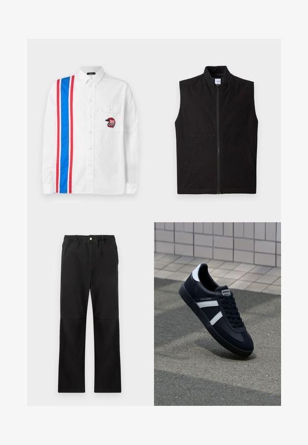 Schwarze ärmellose Weste aus strukturiertem Stoff, mit einem frontalen Reißverschluss, hohem Kragen und zwei Seitentaschen. Einfaches und funktionales Design.; Weißes Button-up-Hemd mit einem blau-roten Streifenmuster auf einer Seite und einem schwarzen bestickten Helm-Patch auf der Brusttasche.; Schwarze Baumwollhosen mit einem elastischen Bund, gerade geschnitten, mit glatter Textur und ohne sichtbare Akzente oder Muster.; Schwarze Leder-Sneaker mit weißen Streifen, strukturiertem Gummisohle und Schnürung. Verfügt über ein Markenetikett auf der Zunge.
