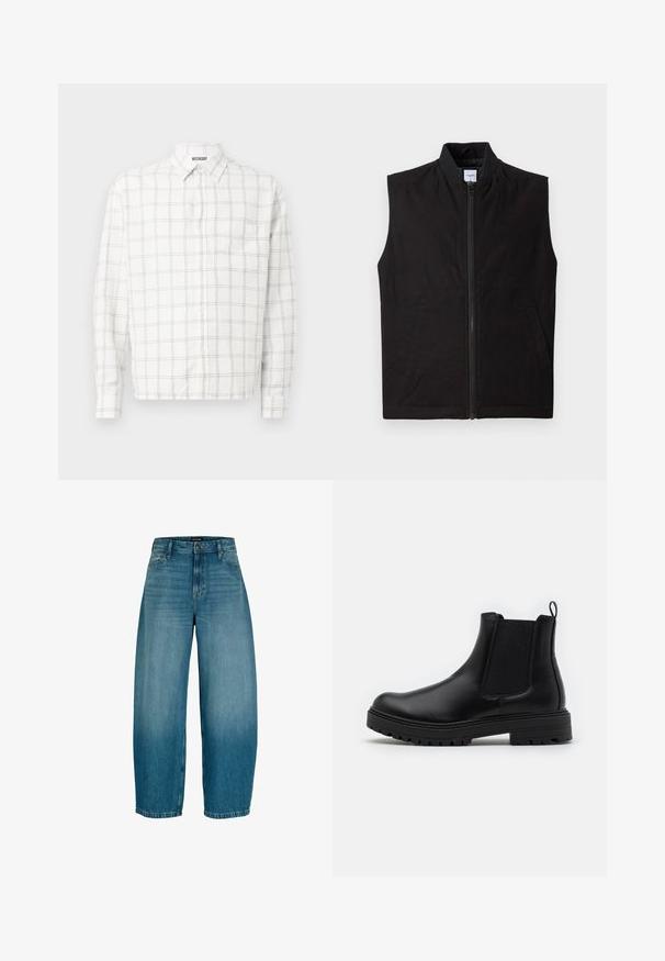 Gilet sans manches noir en tissu texturé, doté d'une fermeture éclair sur le devant, d'un col haut et de deux poches latérales. Design simple et fonctionnel.; Chemise à manches longues en tissu blanc avec un motif à carreaux noirs, dotée d'un col pointu et d'un devant à boutons. Pas de poche visible.; Jean en denim bleu à jambes larges avec fermeture avant par boutons et zipper, passants pour ceinture et poches latérales, présentant un léger délavage au niveau des cuisses.; Zign LEATHER - Bottines - black
