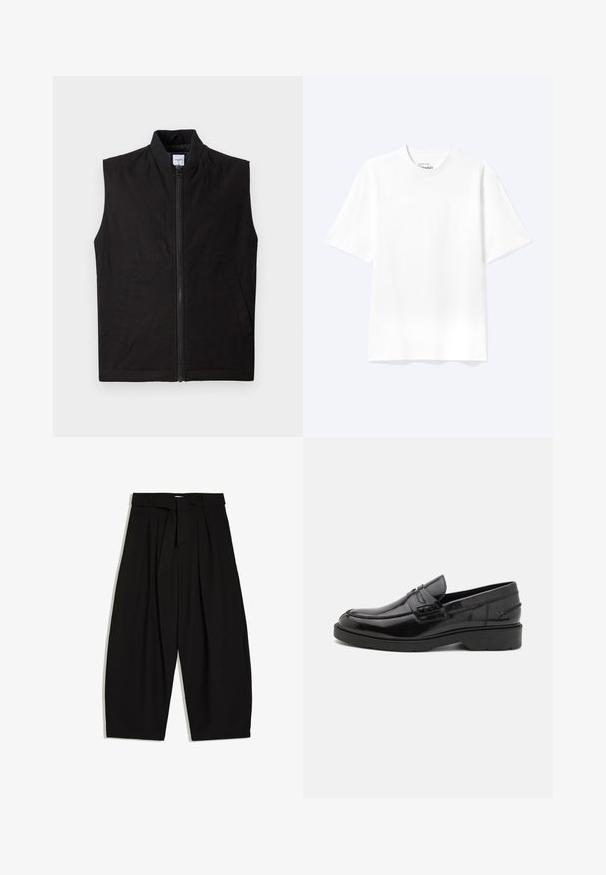 Sort ærmeløs vest lavet af tekstureret stof, med en frontlynlås, høj krave og to sidelommer. Enkel og funktionel design.; Enkel hvid T-shirt med korte ærmer og rund hals med afslappet pasform, vist på en lys baggrund.; Sorte bukser med vide ben og høj talje, plisseringer og et matchende stofbælte bundet foran mod en hvid baggrund.; Sorte læder loafers med en glat finish, rund tå, lav hæl og dekorativ syning langs forsiden. Gummisål for godt greb.